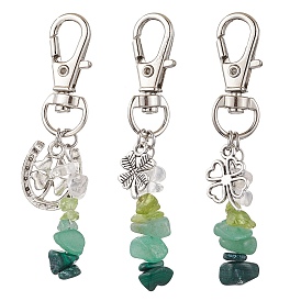 3Pcs 3 Styles Natural Peridot & Quartz Crystal & Green Aventurine & Malachite Chips Pendant Decorations, Alloy Clover and Swivel Clasp Charms for Bag Ornaments