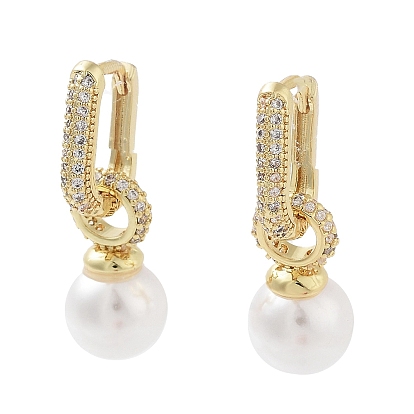 Rack Plating Brass Micro Pave Cubic Zirconia Hoop Earring, with Plastic Imitation Pearl, Cadmium Free & Lead Free, Long-Lasting Plated
