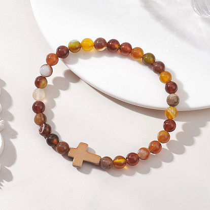 Эластичные браслеты из натурального полосатого агата, Украшения из искусственной бирюзы, окрашенные аэрозольной краской, для женщин и мужчин., крест и круглый