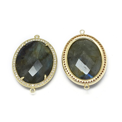 Natural Labradorite Links Connectors, with Brass Findings and Cubic Zirconia, Faceted, Oval, Golden