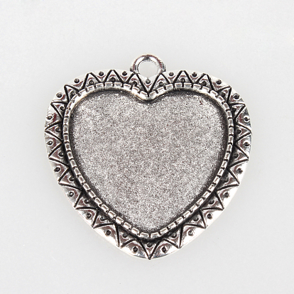 Vintage Tibetan Style Alloy Pendant Cabochon Bezel Settings, Cadmium Free & Lead Free, Heart Tray: 25x23mm, 36x33x2mm, Hole: 3mm, about 174pcs/kg
