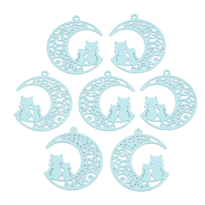 430 Stainless Steel Kitten Pendants, Spray Painted, Etched Metal Embellishments, Crescent Moon with Couple Cat Shape