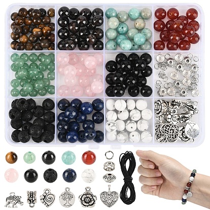 Комплекты ожерелья diy, Включите 214 шт. круглые бусины из драгоценных камней, 11 подвески из сплава шт., 15 бусины из сплава шт., 20 шт. 304 открытые соединительные кольца из нержавеющей стали, 10шт. железные бусины-разделители со стразами