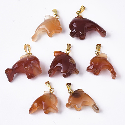 Natural Agate Pendants, with Golden Plated Metal(Brass or Iron Materials Random Delivery) Snap On Bails, Dyed, Dolphin