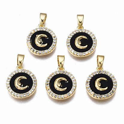 Brass Micro Pave Clear Cubic Zirconia Charms, with Enamel, Nickel Free, Flat Round with Moon, Real 18K Gold Plated