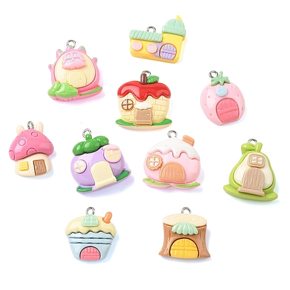 Opaque Resin Imitation House Pendants, Mixed Shapes Charms, with Platinum Iron Loop