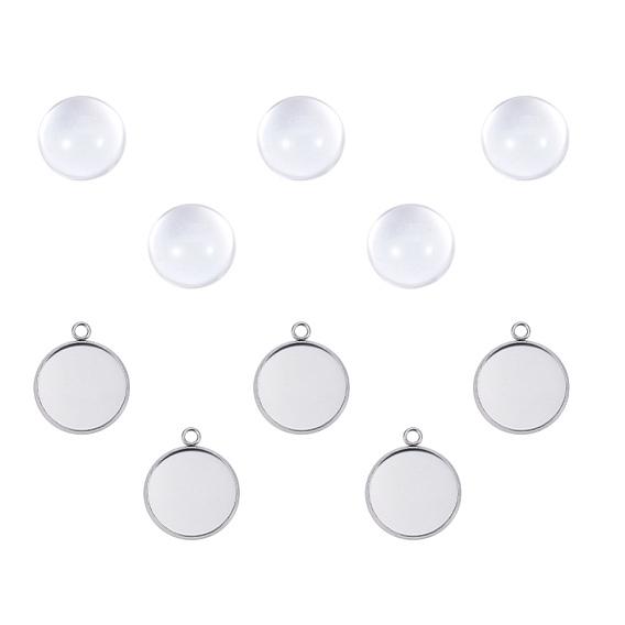 DIY Pendants Making, with 304 Stainless Steel Cabochon Settings and Clear Half Round Glass Cabochons, Flat Round