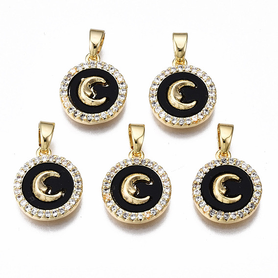 Brass Micro Pave Clear Cubic Zirconia Charms, with Enamel, Nickel Free, Flat Round with Moon, Real 18K Gold Plated