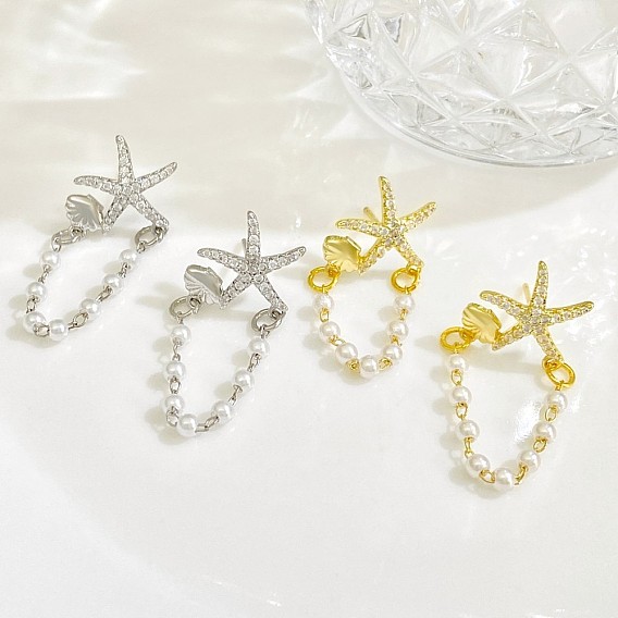 Серьги-гвоздики из цинкового сплава с кристаллами и стразами, с имитацией жемчуга, морская звезда
