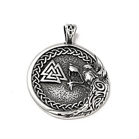 304 Stainless Steel Manual Polishing Pendants, Flat Round with Valknut Pattern Charms