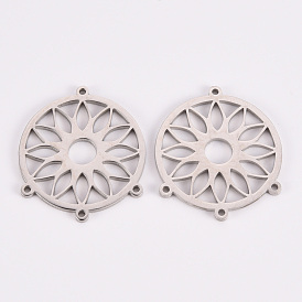 304 Stainless Steel Chandelier Component Links, Laser Cut, Flat Round with Flower