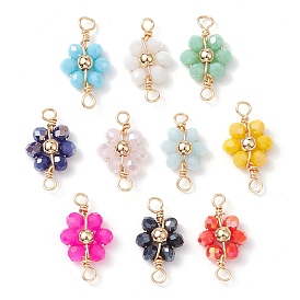 10Pcs 10 Colors Electroplated Faceted Glass Copper Wire Wrapped Connector Charms, Flower Links with Golden Plated Brass Beads