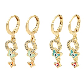 Real 18K Gold Plated Brass Dangle Leverback Earrings, with Enamel and Cubic Zirconia, Butterfly