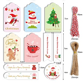 Christmas Theme Paper Tags, with Cotton Rope & Hemp Rope, Gift Tags Hang Labels, for Christmas Decorate
