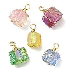 Electroplated Natural Quartz Nuggets Pendants, Copper Wire Wrapped Irregular Shaped Charms, Mixed Color