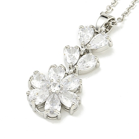 304 Stainless Steel Cable Chain Necklaces, Brass Clear Cubic Zirconia Flower Pendant Necklaces