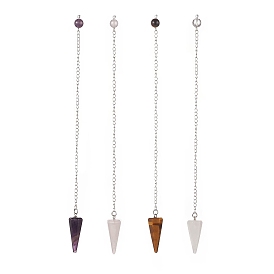 Mixed Natural Gemstone Hexagonal Pointed Dowsing Pendulums, with 304 Stainless Steel Findings, Faceted Cone Charm