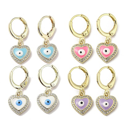 Real 18K Gold Plated Brass Dangle Leverback Earrings, with Enamel and Cubic Zirconia, Heart with Evil Eye