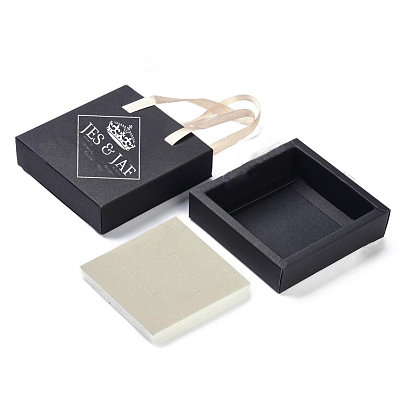 Caja de juego de joyas de cajón de papel, con asas de cinta de poliéster y esponja negra, para collares y aretes, cuadrado con logotipo