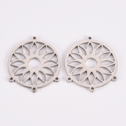 304 Stainless Steel Chandelier Component Links, Laser Cut, Flat Round with Flower