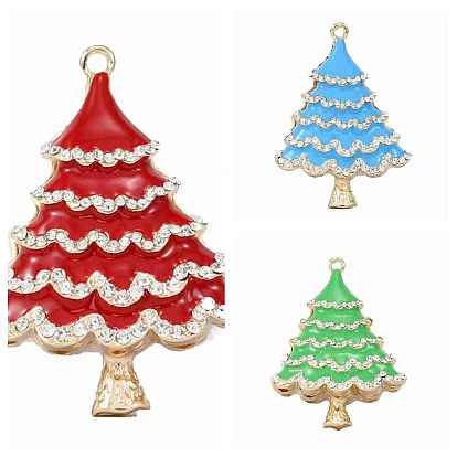 Golden Tone Alloy Enamel Big Pendants, with Rhinestone, Christmas Tree Charm