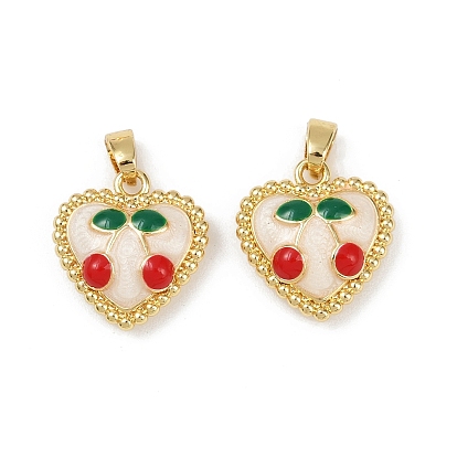 Подвески из латунного сплава, с эмалью, сердце с вишневым шармом, золотые, стойки покрытие