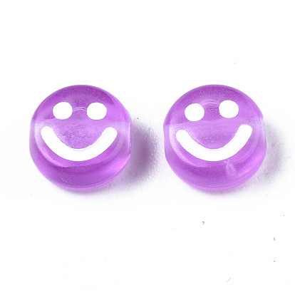 Transparent Acrylic Beads, Flat Round with Enamel Smiling Face