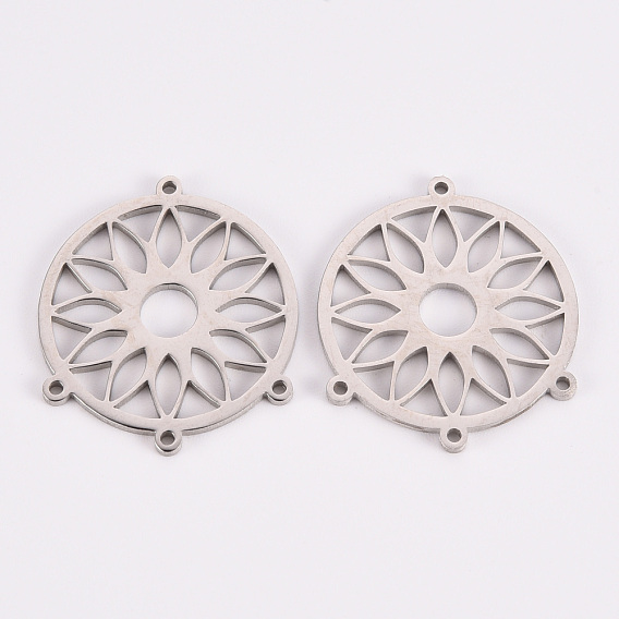 304 Stainless Steel Chandelier Component Links, Laser Cut, Flat Round with Flower
