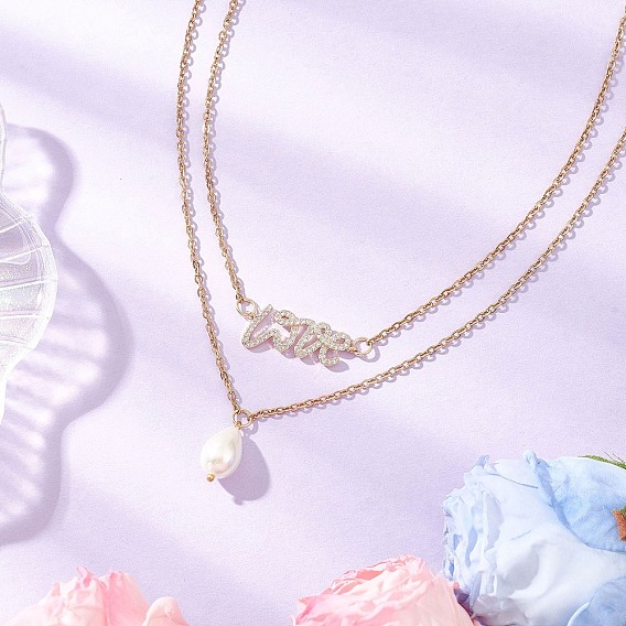 Стеклянный жемчуг каплевидный кулон латунная цепь двухслойные ожерелья для женщин, белые