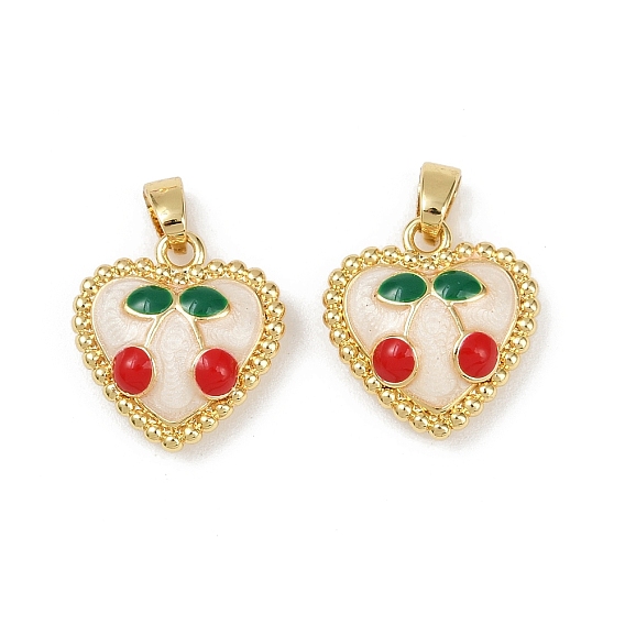 Подвески из латунного сплава, с эмалью, сердце с вишневым шармом, золотые, стойки покрытие