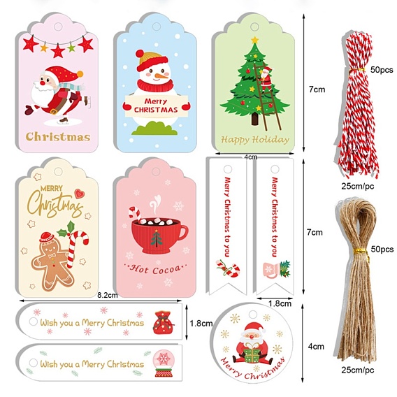 Christmas Theme Paper Tags, with Cotton Rope & Hemp Rope, Gift Tags Hang Labels, for Christmas Decorate