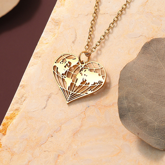 201 Женское ожерелье с подвеской в виде сердца из нержавеющей стали и карты