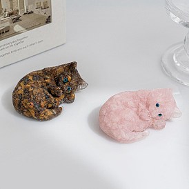 Resin Cat Display Decoration, with Natural Gemstone Chips inside Statues for Home Office Decorations