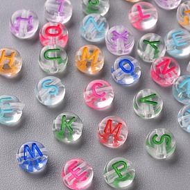 Transparent Clear Acrylic Beads, Horizontal Hole, Flat Round with Random Letter