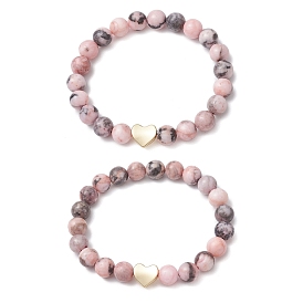 2Pcs Natural Pink Zebra Jasper Beaded Stretch Bracelets, Golden Alloy Heart Charm Bracelets for Friends