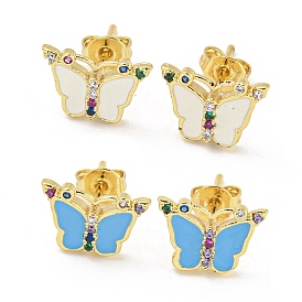 Butterfly Real 18K Gold Plated Brass Stud Earrings, with Enamel and Cubic Zirconia