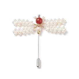 Shell Pearl & Carnelian Braided Dragonfly Lapel Pin, Copper Wire Wrapped Safety Brooch Pin for Suit Tuxedo Corsage Accessories