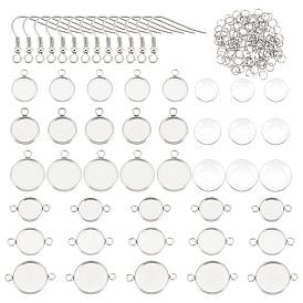 Kit de fabricación de aretes redondos y planos de bricolaje, incluyendo 304 cabujones de acero inoxidable y ganchos para aretes, Cabuchones de cristal