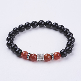 Natural Gemstone & Black Obsidian & Cubic Zirconia Beaded Stretch Bracelet for Women