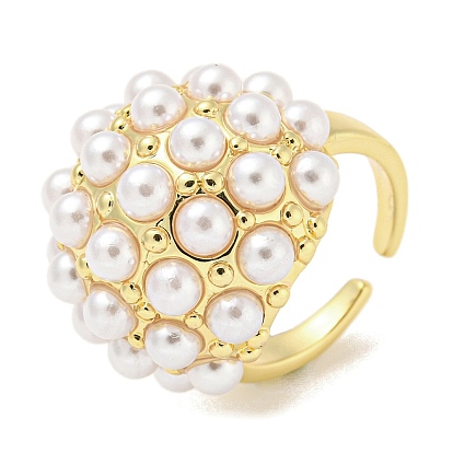 Rack Plating Brass Open Cuff Ring for Women, with Plastic Pearl, Long-Lasting Plated, Lead Free & Cadmium Free