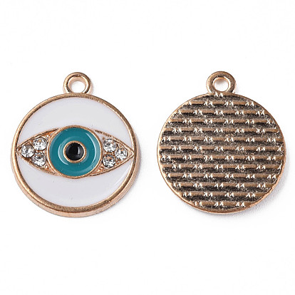 Alloy Enamel Pendants, with Crystal Rhinestone, Cadmium Free & Lead Free, Light Gold, Flat Round with Eye