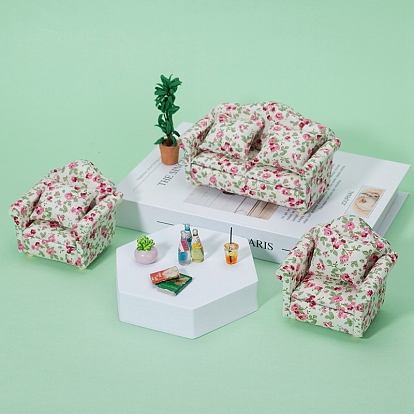 Flower Pattern Sofa Miniature Ornaments, Micro Landscape Home Dollhouse Living Room Furniture Accessories, Pretending Prop Decoration