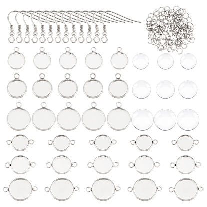 Kit de fabricación de aretes redondos y planos de bricolaje, incluyendo 304 cabujones de acero inoxidable y ganchos para aretes, Cabuchones de cristal