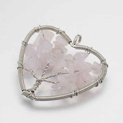 Brass Gemstone Pendants, Heart with Tree of Life, Platinum