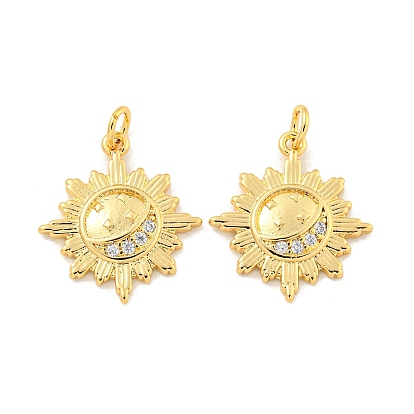Rack Plating Brass Micro Pave Cubic Zirconia Pendants, with Jump Ring, Cadmium Free & Lead Free, Long-Lasting Plated, Sun