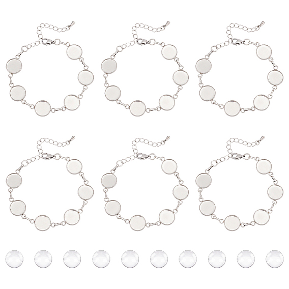 Круглый поднос 304 браслеты из звеньев из нержавеющей стали, с прозрачными стеклянными кабошонами, удлинителем цепочки и застежкой-карабином