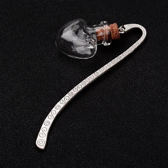 Сердце тибетского стиля из легкого стекла, желая бутылку закладки, с железной фурнитурой, 85x13x2 мм