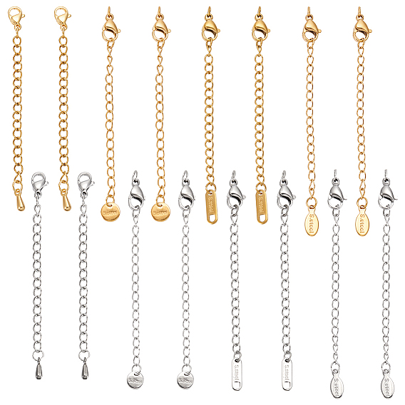 16 шт. 8 стили 304 удлинитель цепи из нержавеющей стали, без кадмия, без никеля и без свинца, с застежками и очарованием