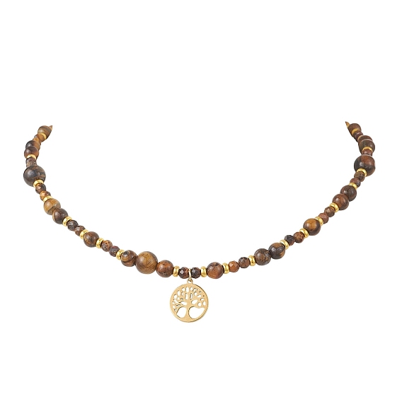 Дерево жизни 304 кулон из нержавеющей стали с натуральным тигровым глазом, круглые бусины, ожерелья