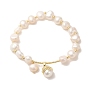 Natural Pearl & Brass Tube Stretch Bracelets, with Teardrop Charms